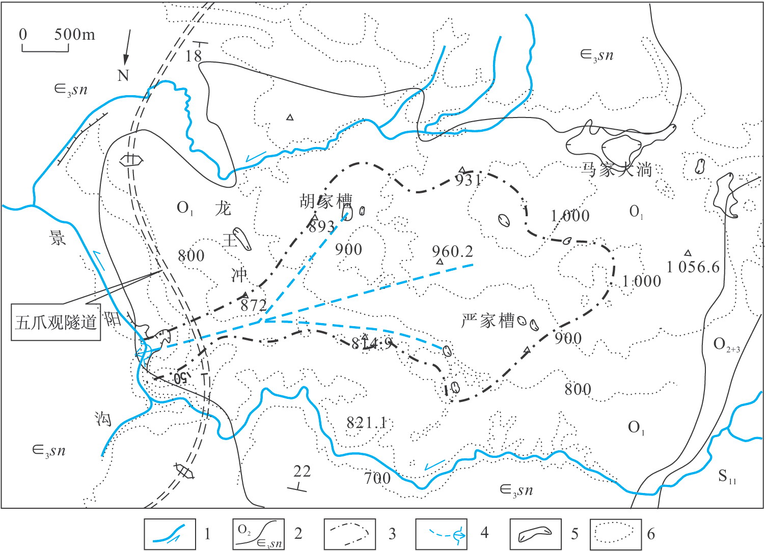 图2-53五爪观隧道区水文地质图